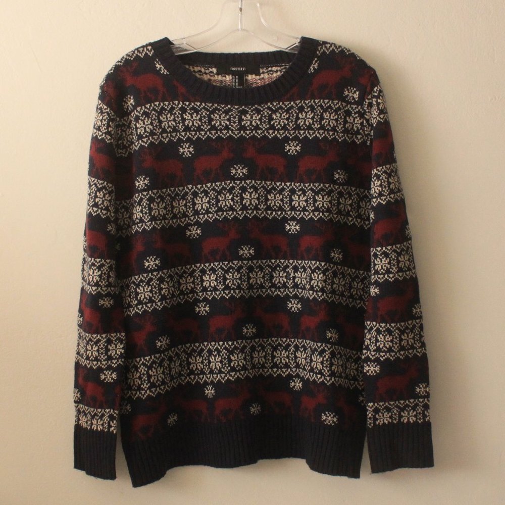 Forever 21 Long Sleeve Navy Blue Maroon Fair Isle Reindeer Knit Sweater